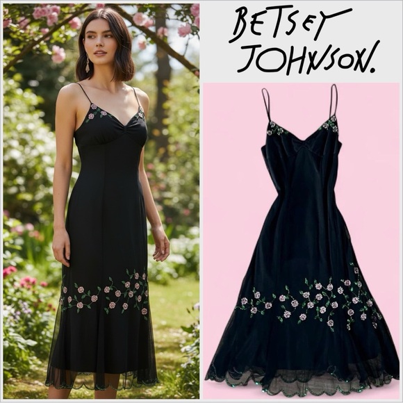 Betsey Johnson Dresses & Skirts - VintageY2K Betsey Johnson Black & Pink Floral Beaded Dress
